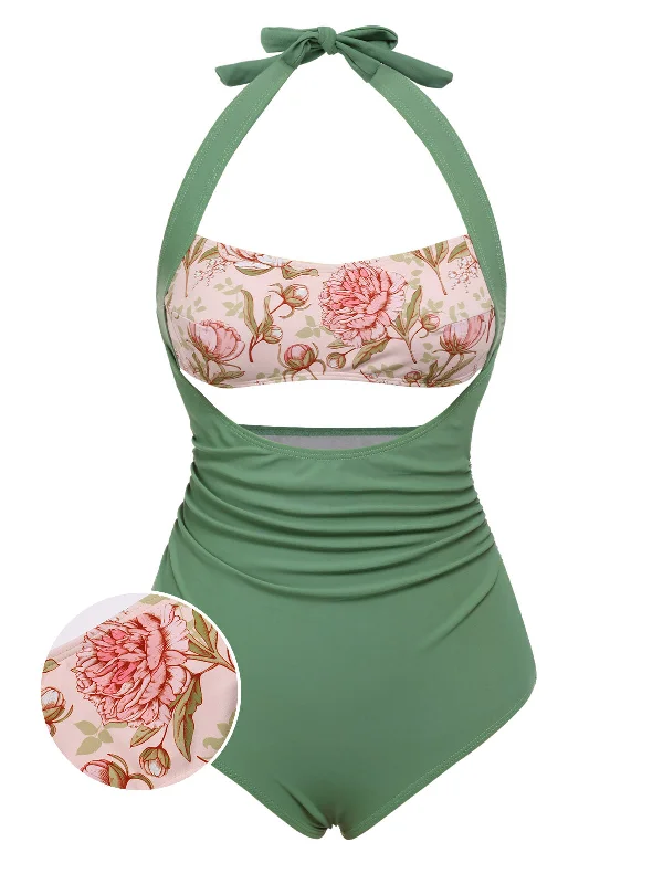 Green 1930s Peony Halter One-Piece Swimsuit garde