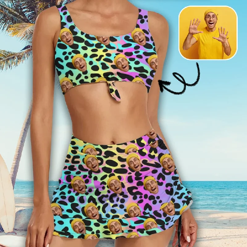 Custom Face Colorful Leopard Bikini Set Personalized Drawstring Chest Strap Bikini Skirt Australian Beach