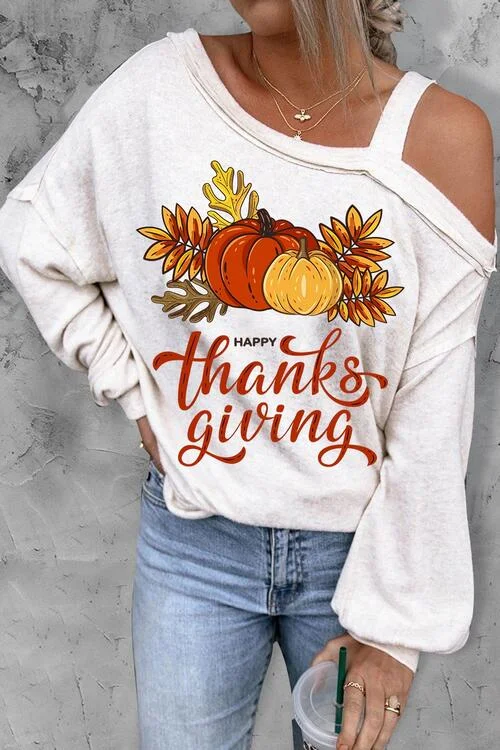 THANKSGIVING Asymmetrical Neck Long Sleeve Top Street