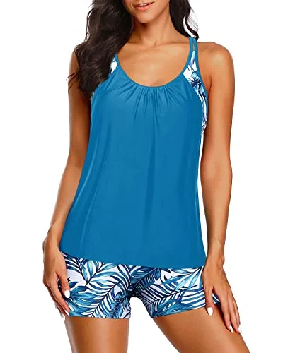 Women Loose Tankini Boy Shorts Tummy Control Two Piece Swimsuits-Blue Leaf Rugged Women's Outdoor 