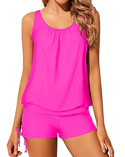Loose Fit Women's Blouson Tankini Swimwear Modest Coverage-Neon Pink Casual Women's Japanese 