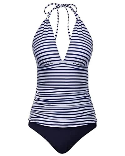 Halter V Neck Tankini Set Bikini Bottom Tummy Control Bathing Suits-Blue White Stripe Artistic Women's Hand - painted