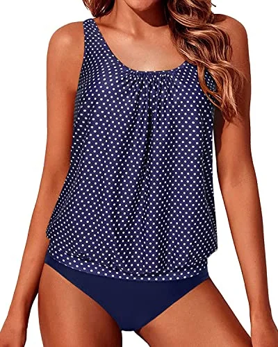 Flattering Blouson Style Tankini Bathing Suits For Women-Navy Blue Polka Dot Casual Women's Japanese 