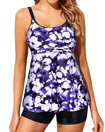 U Neck Modest Swimwear Two Piece Tankini Bathing Suits Boy Shorts-Blue Floral Disco