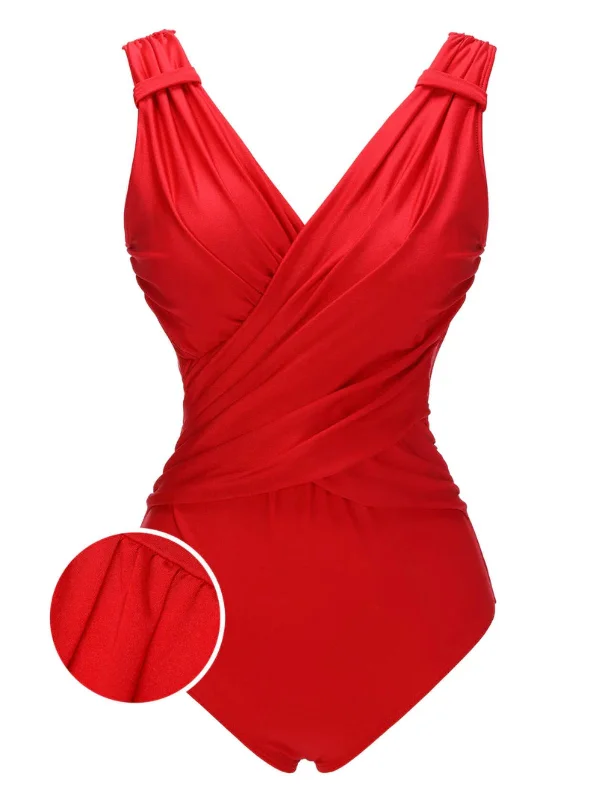 Red 1940s V-Neck Solid One-piece Swimsuit Women