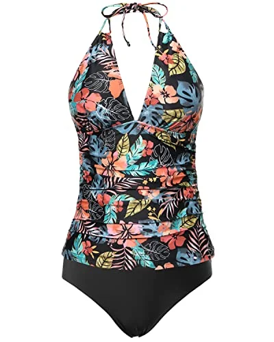 Adjustable Straps Padded Bra Tankini Swimsuits Tummy Control-Black Red Flower French