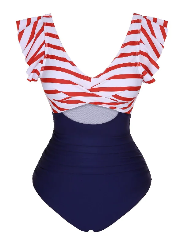 1930s Ruffled Striped One-Piece Swimsuit Geometric
