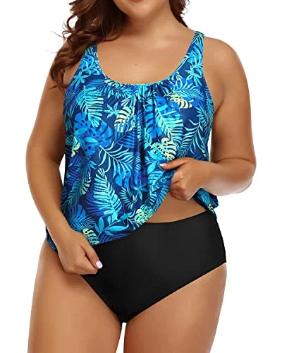 Women's Plus Size Two Piece Swimsuit Blouson Tankini Swimsuit-Blue Leaves Vacation