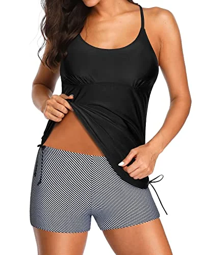 Tummy Control Tankini Strappy Back Sports Bra For Women-Black Stripe Sporty Women's Athleisure 