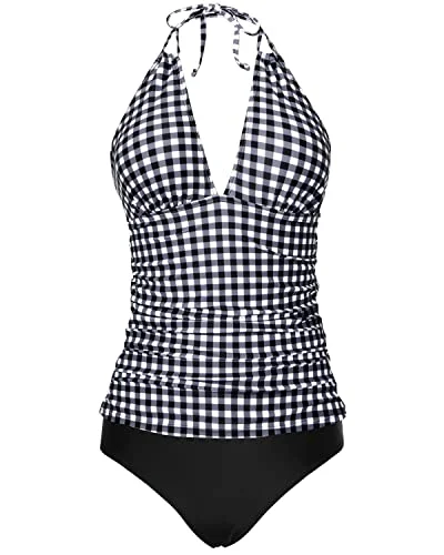 Two Piece Halter Tankini Swimsuits V Neck Tops Bikini Bottom-Black And White Checkered Adventure