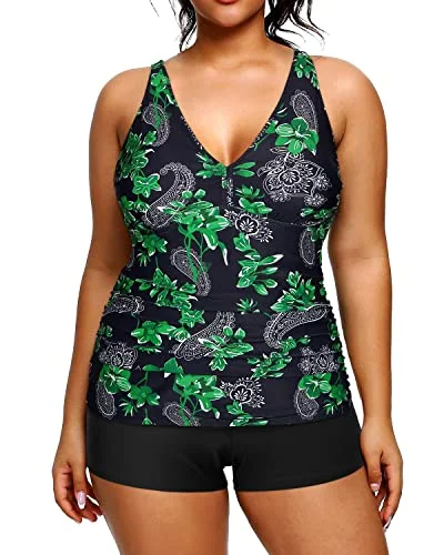 Athletic Plus Size Tankini Shorts Tummy Control Two Piece Swimsuits-Green Paisley Trendy Women's 