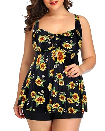 Full Coverage Boyleg Tankini Swimsuits Shorts-Black And Sunflower Rugged Women's Outdoor 
