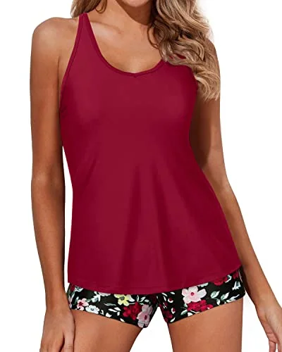 Two-Piece Tankini Swimsuits For Women Boy Shorts-Red Floral Sustainable Organic