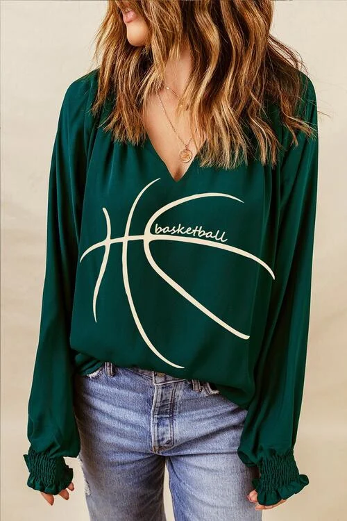 BASKETBALL Round Neck Smocked Long Sleeve Top Vacation