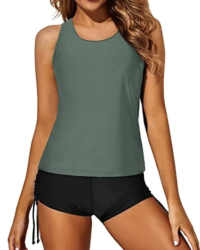 3 Piece Tankini Swimsuits For Women Backless Swim Top Boyshorts And Bra-Army Green And Black Practical Women's Multi - 