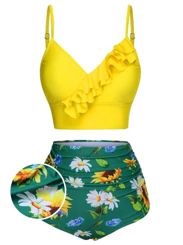 2PCS Yellow 1950s Sunflower Ruffles V-Neck Swimsuit Stylish Women's Neon