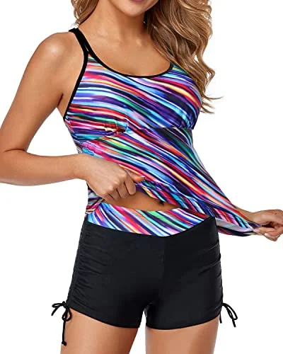 Tummy Control Tankini Bathing Suits For Women Shorts-Color Oblique Stripe Dynamic Women's Moto