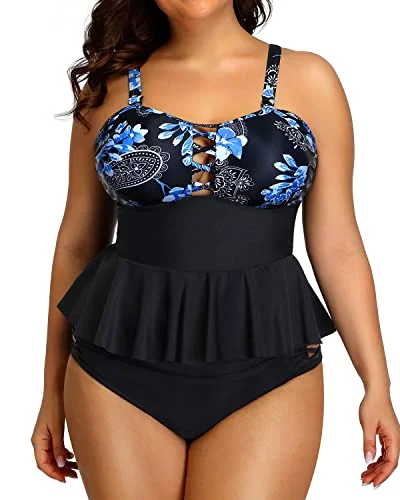 Peplum Tankini Tops Ruched Tummy Control For Women Plus Size Bathing Suits-Blue Paisley French