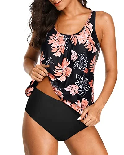 Women's Athletic Swimwear Blouson Tankini Swimsuits For Tummy Control-Black Orange Floral Monochromatic All - in - one
