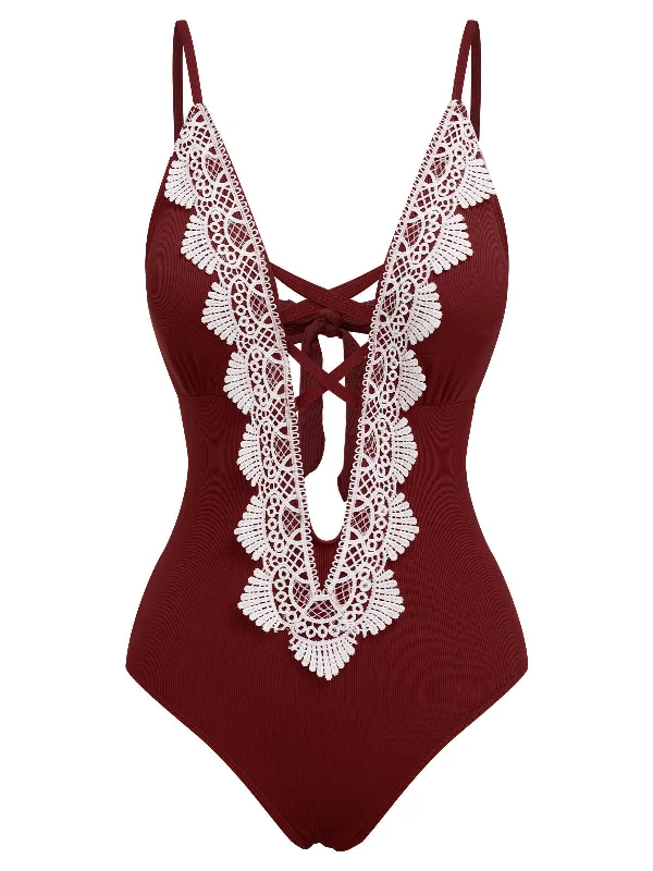 1930s Lace Knitted One-Piece Swimsuit Vacation