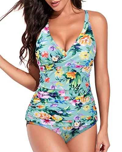 Front Cross Design Plunge V Neck Tankini Swimsuits For Women-Mint Flowers Feminine Women's Soft 