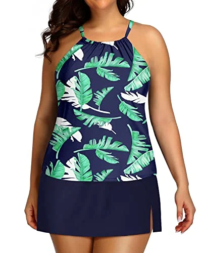 Women's Plus Size Swimsuits Tummy Control High Neck Tankini Set-Blue Leaf Confident Women's High - fashion