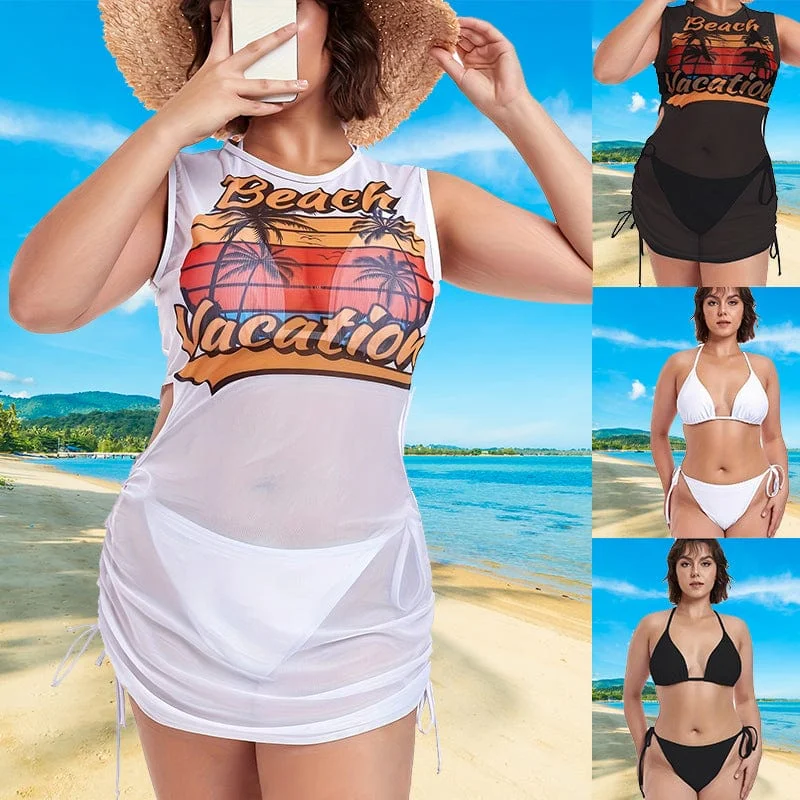 Plus Size Women's Bikini Set With Drawstring Mesh Cover Up Coconut Trees 3-Pieces Triangle Bikini Mesh Swimsuits Casual Women's Japanese 