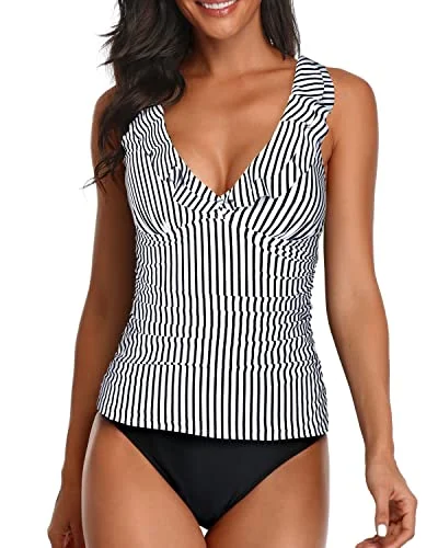 Elegant Deep V Neck Ruched Swimwear Tummy Control Swimsuits For Women-Black And White Stripe performance