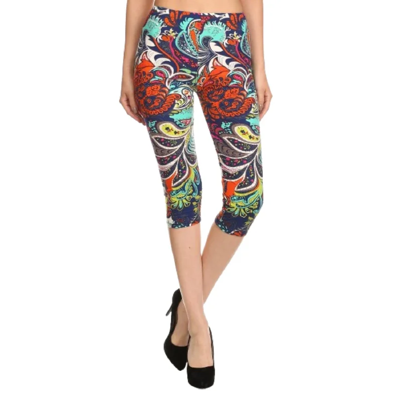 Multi-color Ornate Print Cropped Length Fitted Leggings With High Elastic Waist. garde