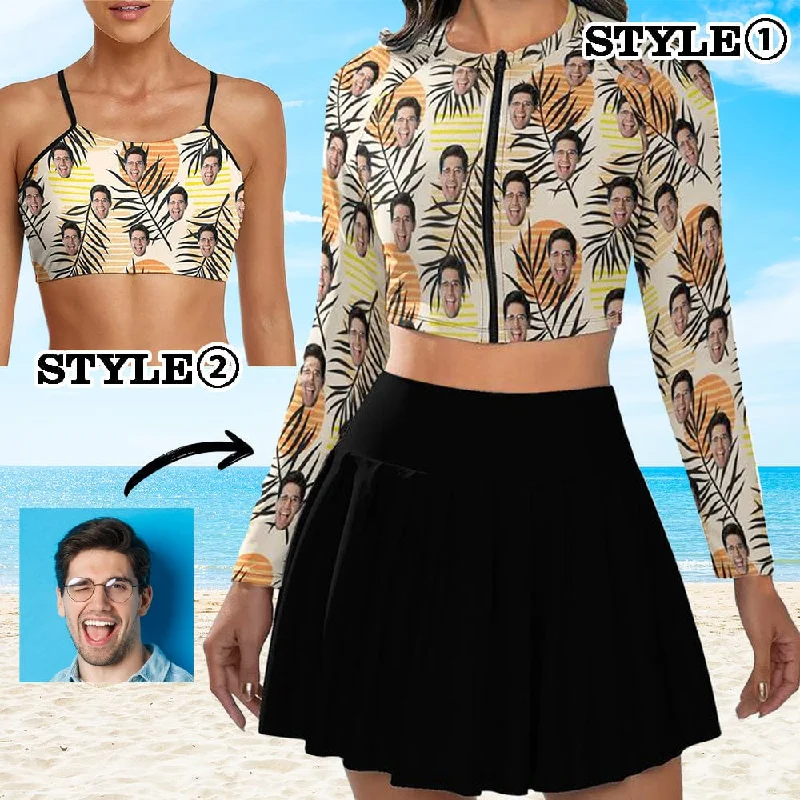Custom Face Leaves Bikini Top&Bottom Women's Swim Skirt With Bottom Long Sleeve Zip Top Streetwear Style for Custom Face Leaves Bikini Top&Bottom Women's Swim Skirt With Bottom Long Sleeve Zip Top Streetwear Style for