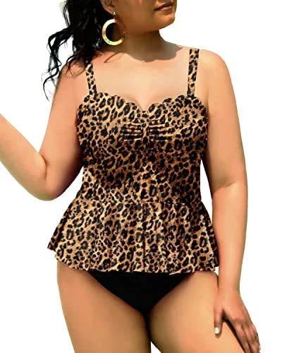 Women Plus Size 2 Piece Tankini Swimsuits Tummy Control Bathing Suits-Black And Leopard Tough Women's Military - inspired