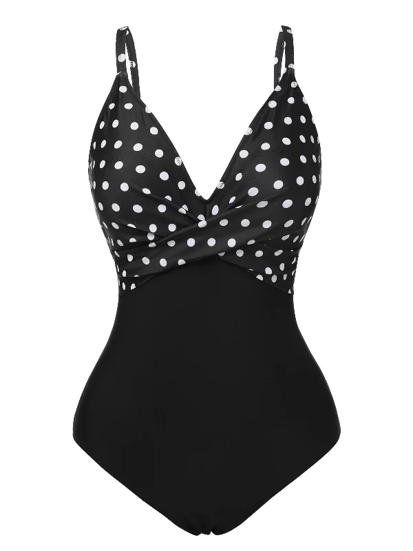 Black 1930s Polka Dots One-Piece Swimsuit Compression