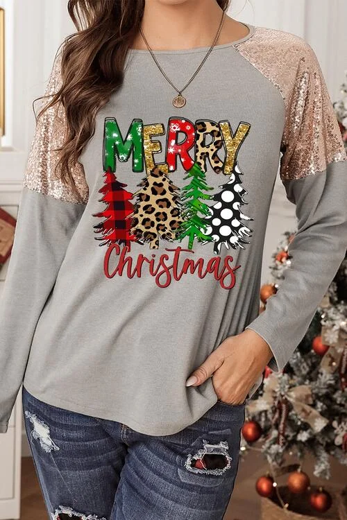 MERRY CHRISTMAS Sequin Round Neck Blouse Earthy Women's Hemp - based