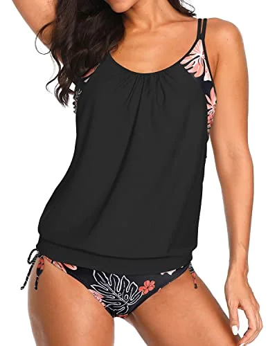 2 Piece Tankini Set Blouson Swim Tops And Bikini Bottoms-Black Floral Athletic Women's 