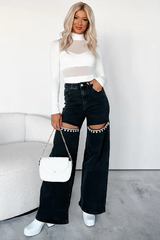 Constant Surprise High Rise Rhinestone Slit Wide Leg Jeans (Black) Monochromatic All - in - one