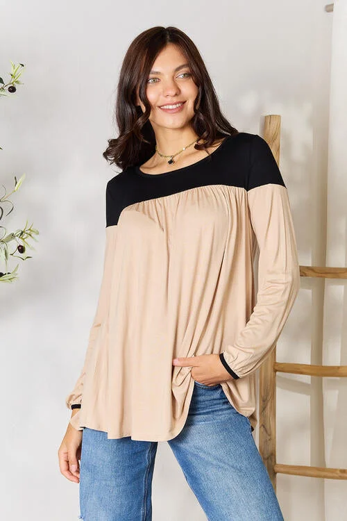 BOMBOM Contrast Long Sleeve Ruched Blouse Practical Women's Multi - 