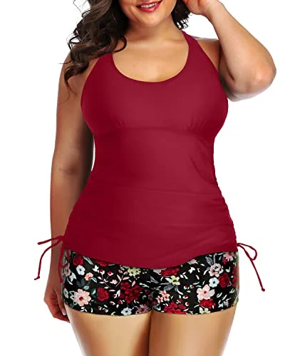 Flattering Tankini Set High Waisted Boyleg Shorts-Red Floral Feminine Women's Soft 