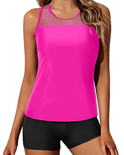 Sporty Racerback Tankini Top And Boyleg Shorts Swimsuit Set For Women-Neon Pink And Black Trendy Women's Oversized