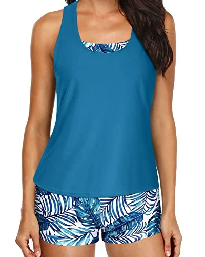 Trendy 3 Piece Bathing Suits Shorts And Bra And Boyshorts-Blue Leaf Modern Women's Tech