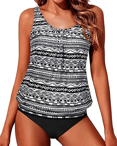 Pretty Flared Blouson Tankini Bathing Suits For Teens Mid Waist Bottom-Black Tribal Refined Women's Classic 