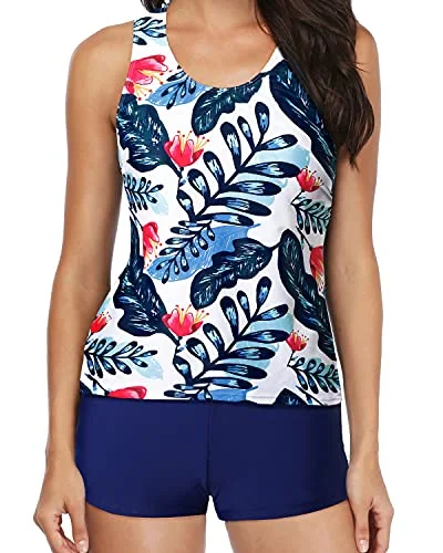 Tummy Control Swimwear Boy Shorts 3 Piece Swimsuits For Women-Blue Leaves Dapper Women's 1920S
