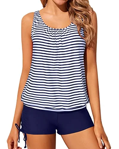 Loose Fitting Blouson Tankini Swimsuits For Women Tops Boyshorts-Blue White Stripe British Gentlewoman Style