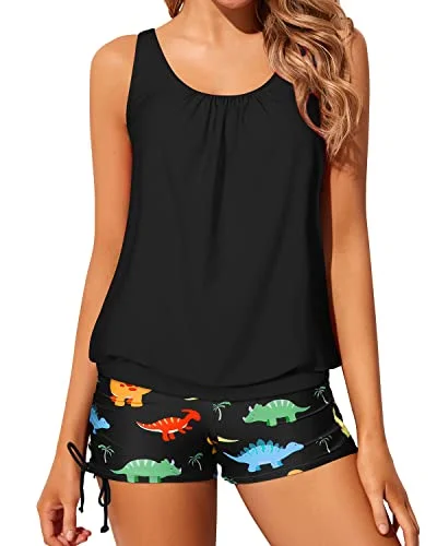 Loose Fit Blouson Tankini Swimsuits Boyshorts For Women-Black Dinosaur garde