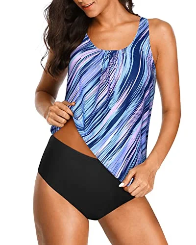 Modest And Comfy Tankini Swimsuits For Young Ladies-Blue And Black Stripe Elegant Women's 