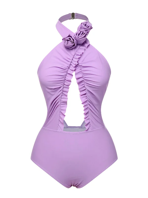 Lavender 1940s 3D Flowers Halter One-Piece Swimsuit Edgy Women's Punk