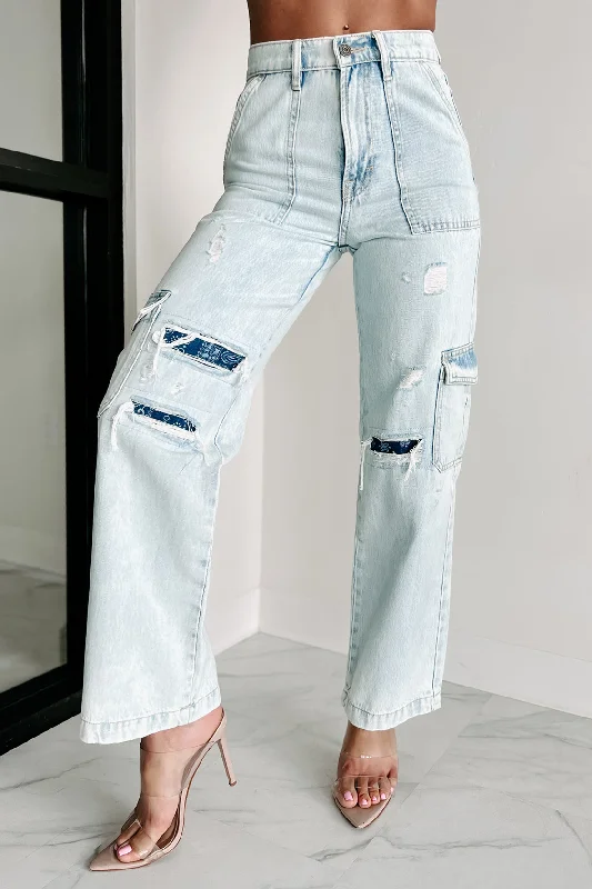 Rowan High Rise Cargo Pocket Dad Jeans (Super Light Blue) Refined Women's Hand - crafted
