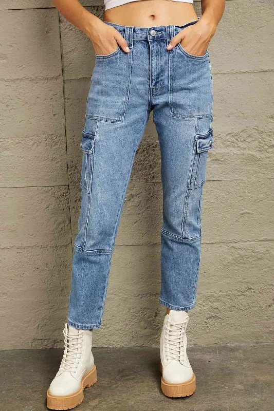 Kancan High Rise Slim Straight Cargo Pants Sleek Women's Metallic