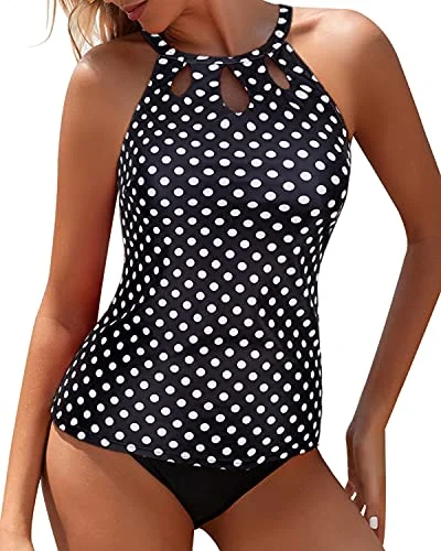 High Neck Halter Top & High Waisted Bottom Two Piece Tankini Swim Suit-Black Dot Casual Women's Loose - fitting