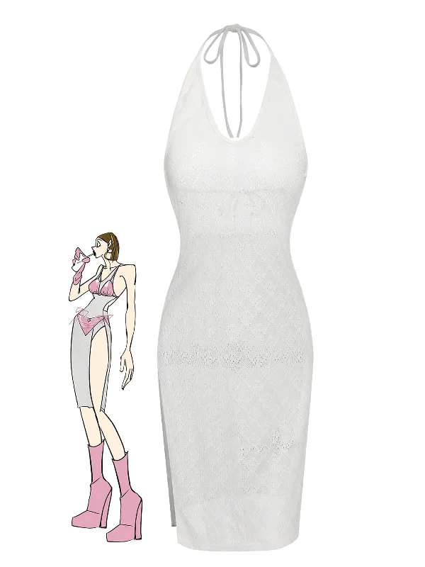 White 1960s Knitted Halter Dress Cover-Up Rugged Women's Outdoor 