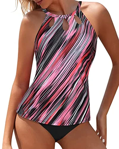 Comfortable And Trendy High Waisted Two Piece Tankini Swimsuit-Pink Stripe Youthful Women's Pop